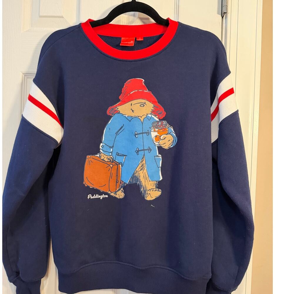Nostalgia Paddington Bear Navy Red White Varsity Stripe Crewneck Sweatshirt XS
